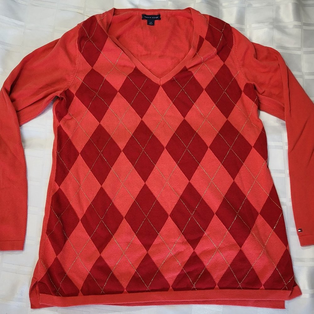 TOMMY HILFIGER WOMEN'S RED SWEATER DIAMOND PATTERN SIZE LARGE DESIGNER